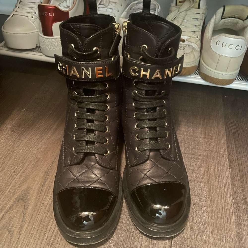 CHANEL Black Quilted Combat Boots